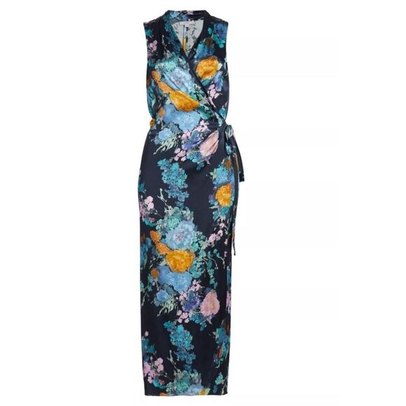 Vince Coastal Painted Bouquet Floral Satin Wrap Dress L - Picture 4 of 8